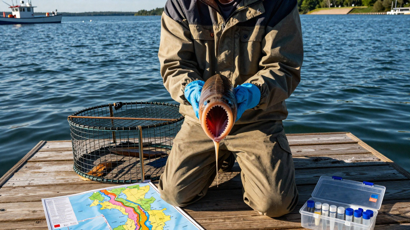 Fischer kniet auf Steg und hält eine ausgewachsene Meeräsche mit offenem Maul über Wasser mit Messbehältern und Karte.