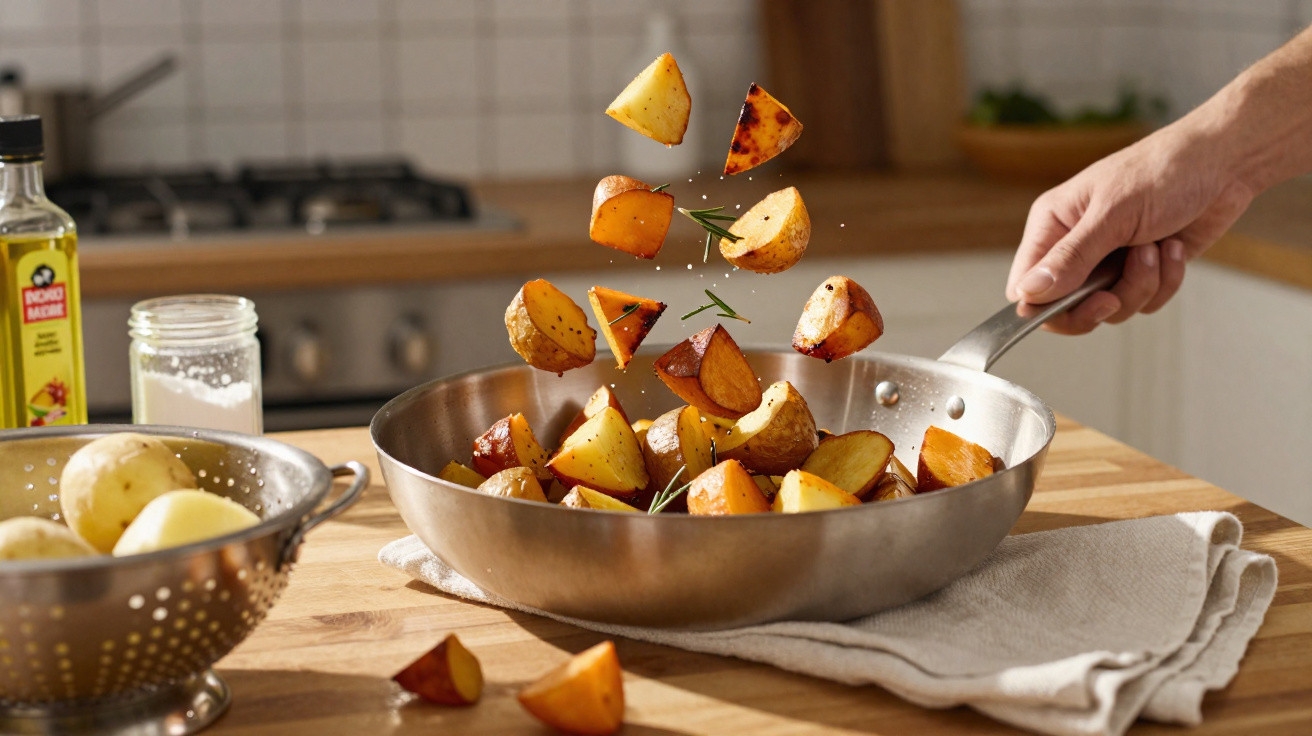 Bratkartoffeln werden in einer Pfanne mit Rosmarin gewendet, neben einem Sieb mit rohen Kartoffeln.