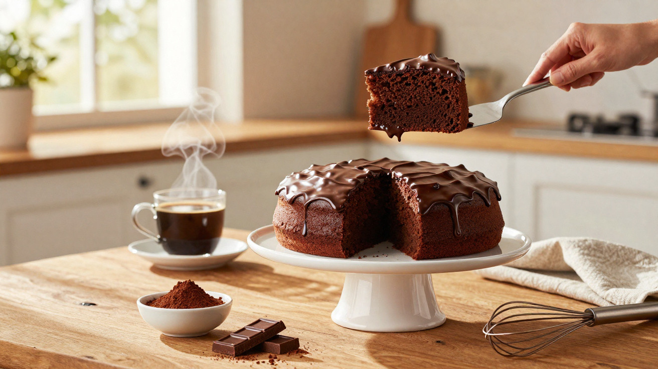Schokoladenkuchen mit Glasur auf weißem Tortenständer, daneben Tasse Kaffee, Schokolade und Kakaopulver auf Holz.