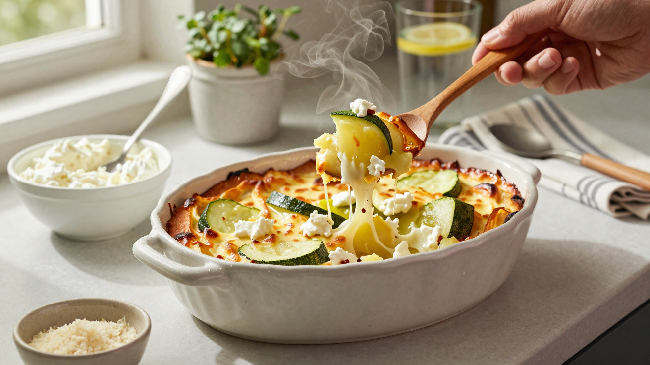 Überbackenes Nudelgericht mit Zucchini und Käse in Auflaufform, dazu Joghurt und Gewürze auf Tisch.