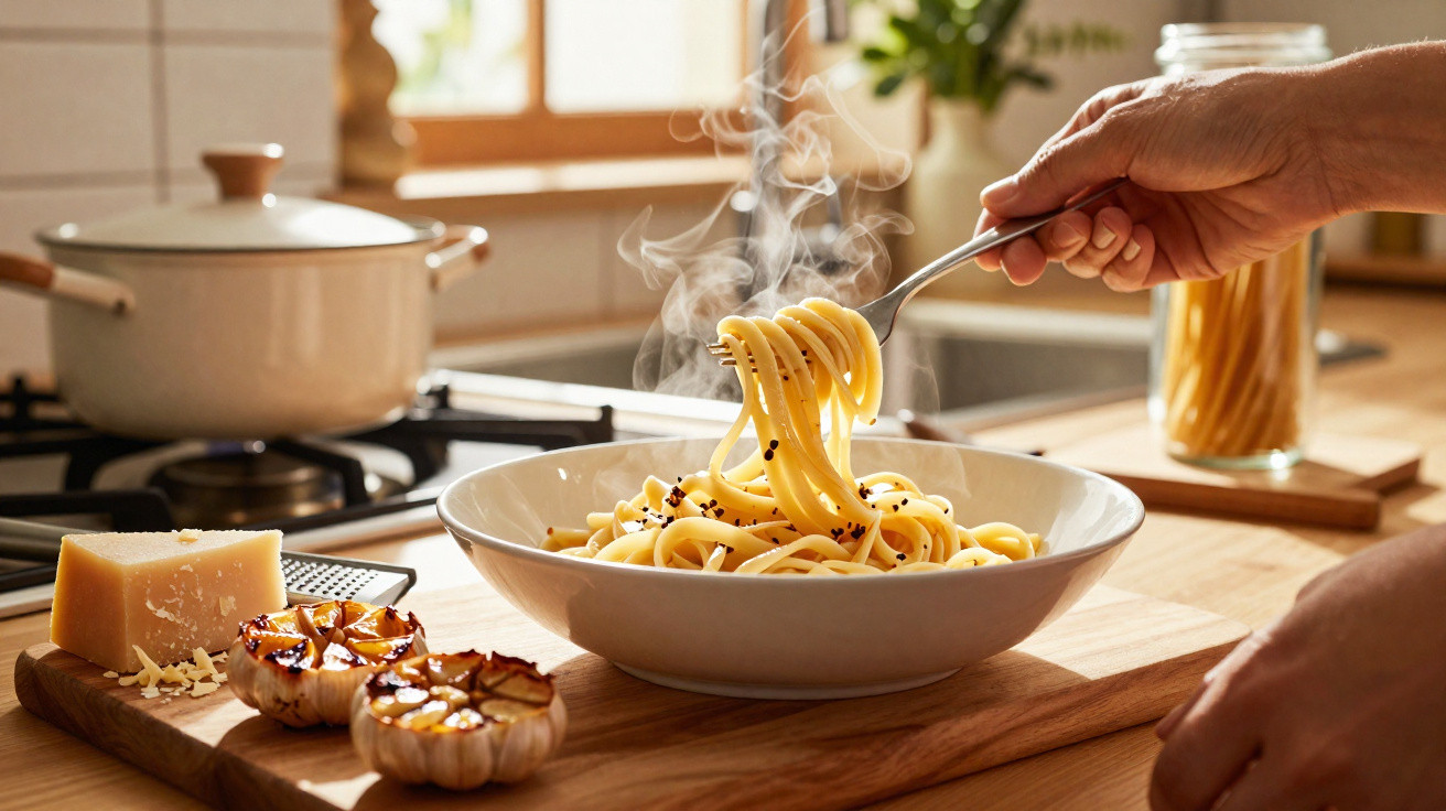 Dampfende Pasta wird mit einer Gabel aus einer Schüssel gehoben, daneben Käse und gerösteter Knoblauch.