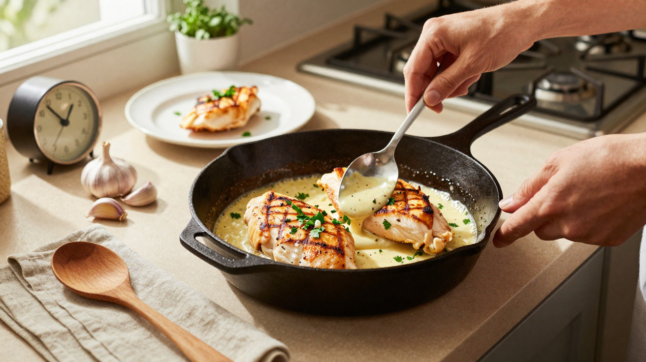 Gegrilltes Hähnchen in Gusseisenpfanne wird mit Sauce übergossen, frische Kräuter und Küchenutensilien im Hintergrund.