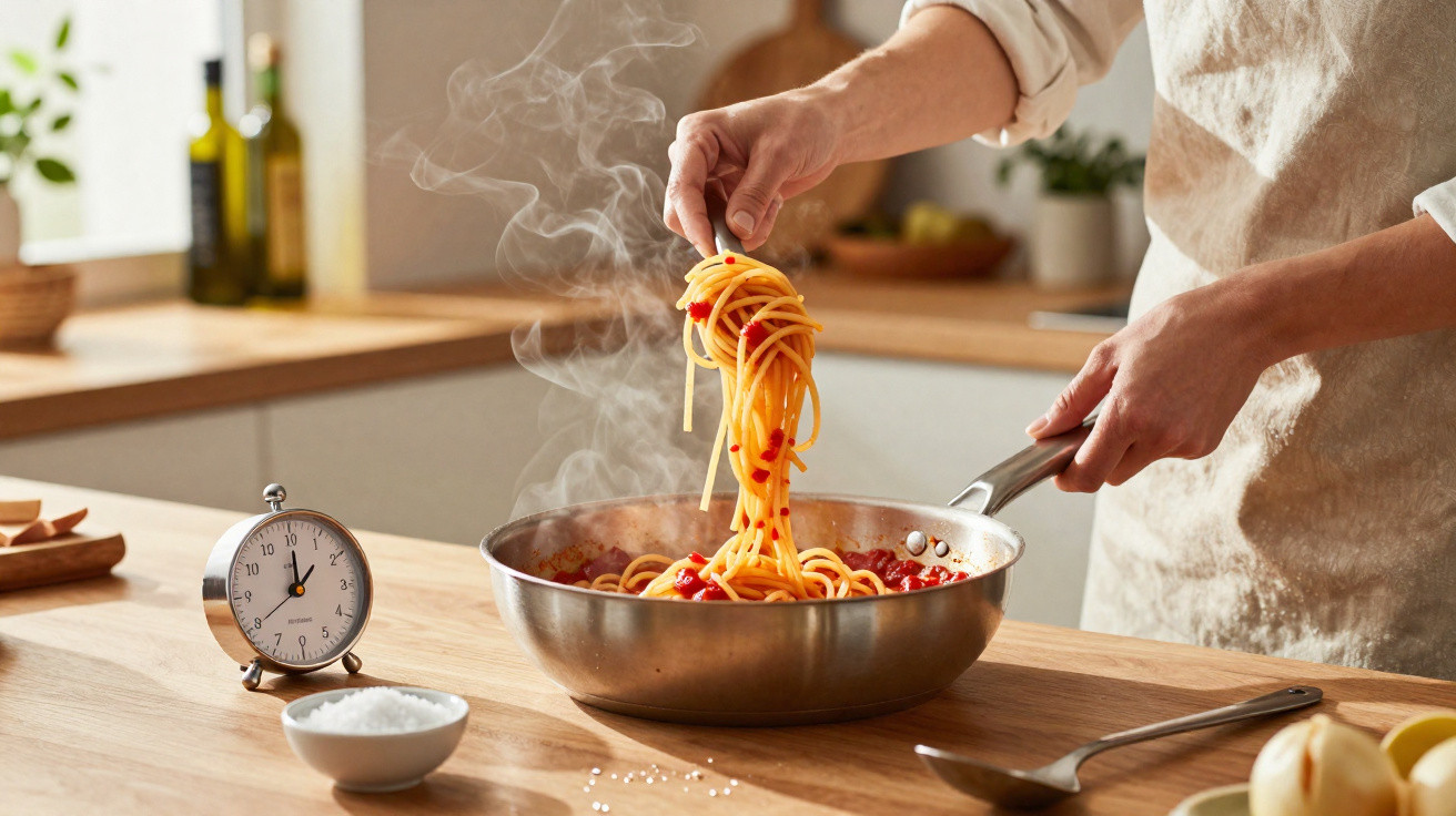 Person kocht dampfende Spaghetti mit Tomatensauce in einer Pfanne in moderner Küche.