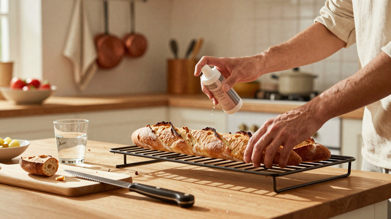 Person sprüht Flüssigkeit auf ein Baguette, das auf einem Gitterrost in einer hellen Küche liegt.