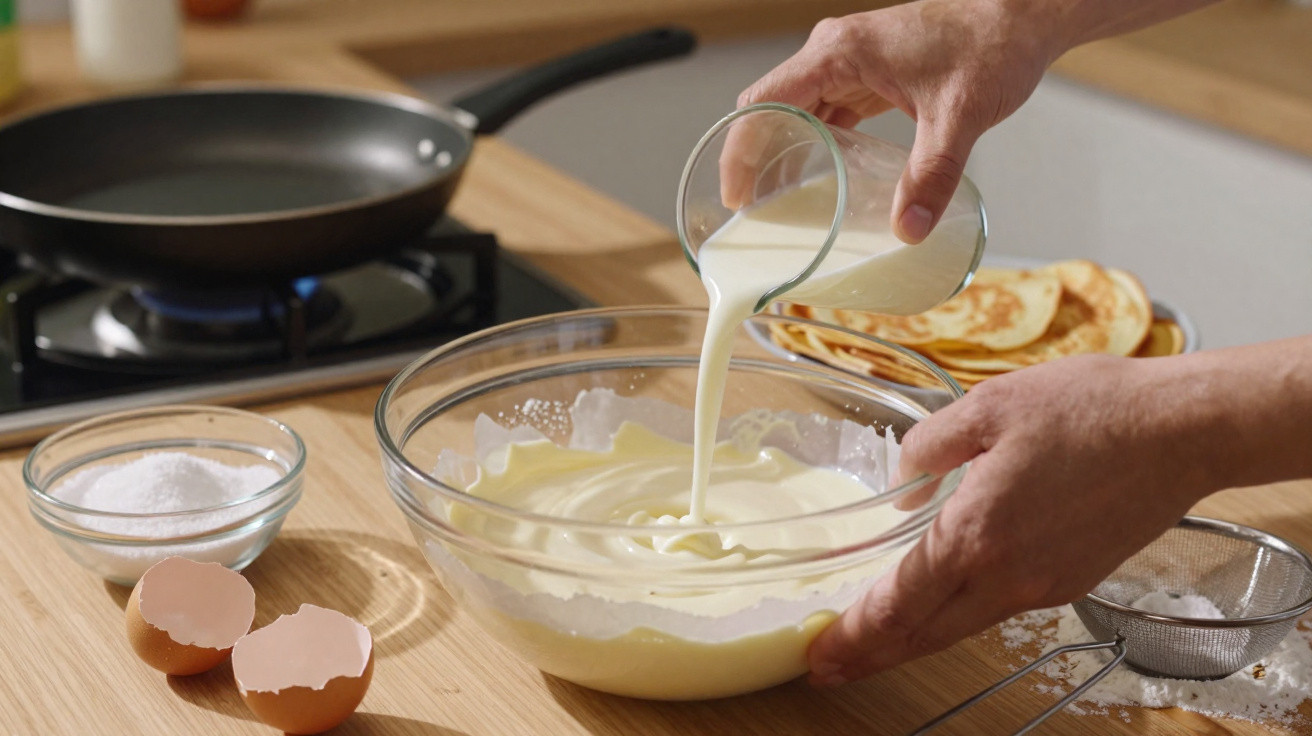 Zubereitung von Pfannkuchenteig: Milch wird in eine Glasschüssel mit anderen Zutaten gegossen, Pfanne im Hintergrund.