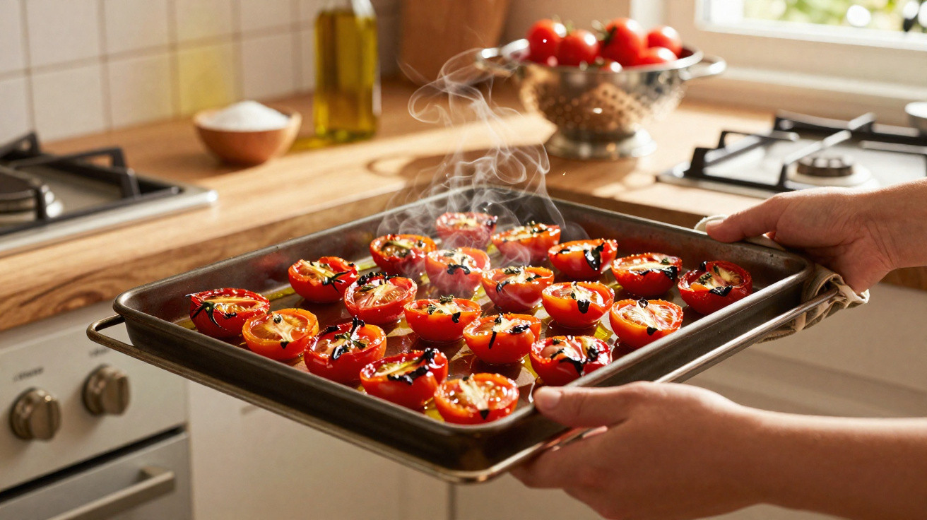 Frisch aus dem Ofen: Dampfende, gegrillte Tomaten auf einem Backblech werden in einer modernen Küche gehalten.