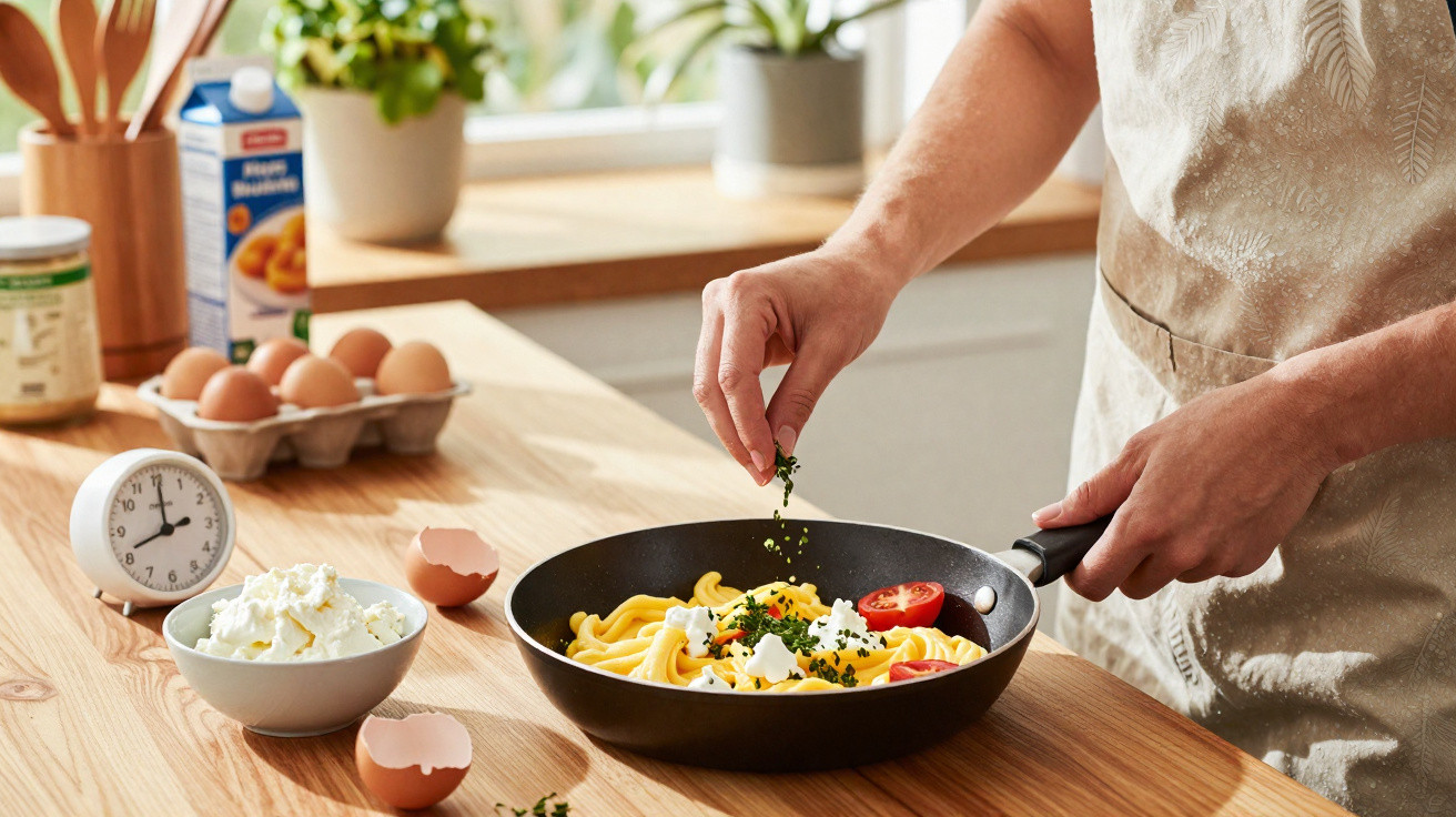 Person würzt frische Pasta mit Kräutern in einer Pfanne in heller Küche mit Zutaten auf Tisch.