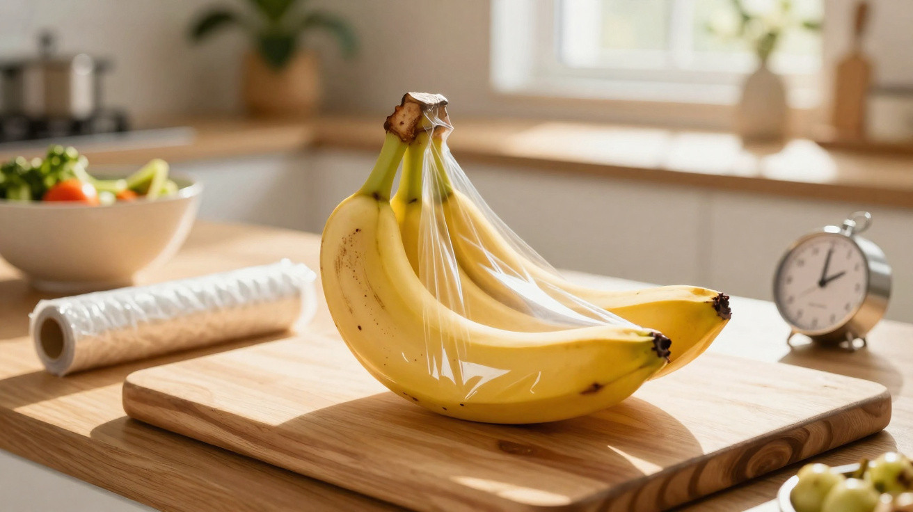Ein Bund Bananen, der in Frischhaltefolie auf einem Schneidebrett in einer hellen Küche eingepackt ist.