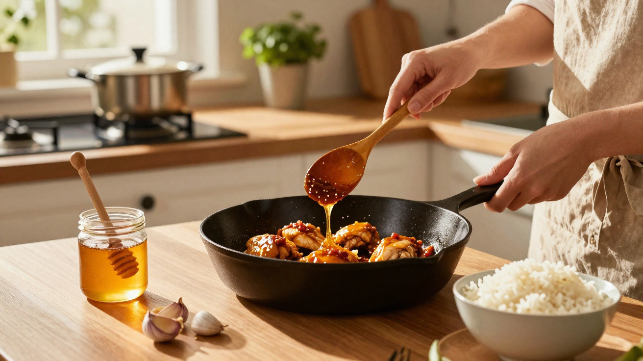 Person gießt Sauce auf gebratene Hähnchenteile in einer Pfanne, Honigglas, Knoblauch und Reis nebenan.