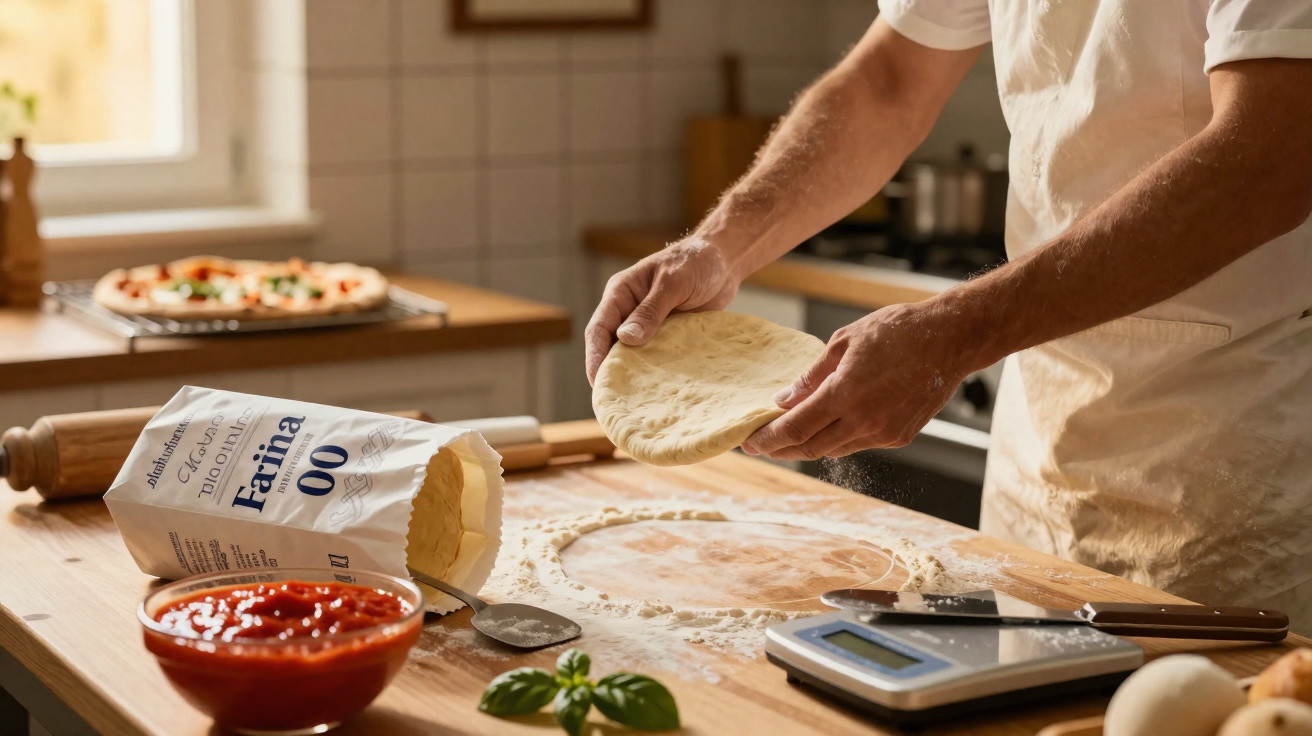 Person formt Pizzateig auf Holztisch mit Mehl, Tomatensauce, Küchenwaage und fertiger Pizza im Hintergrund.