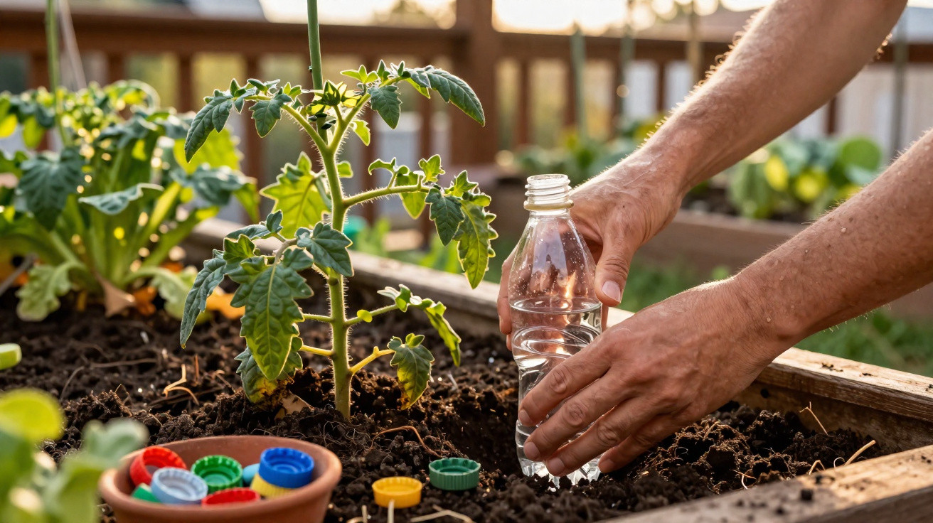Zwei Hände gießen eine junge Tomatenpflanze in einem Hochbeet mit Wasser aus einer Plastikflasche.
