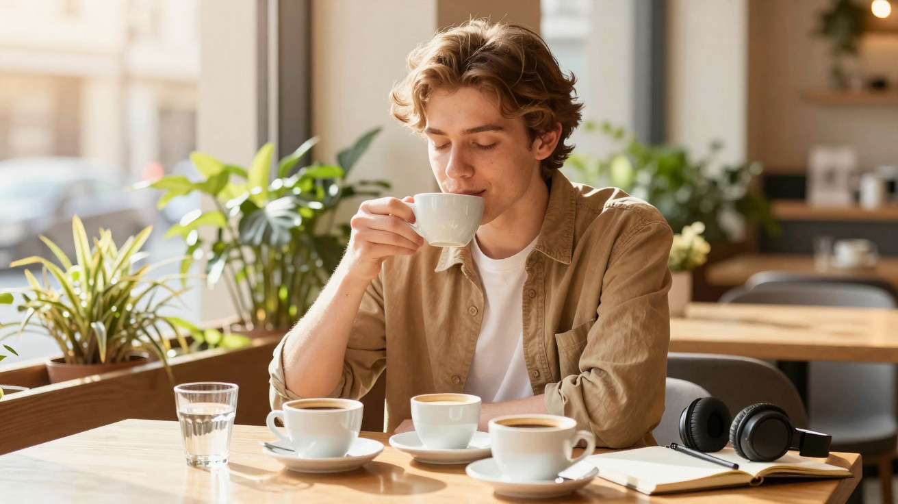 Junger Mann trinkt Kaffee in Café, umgeben von Pflanzen, mit Kopfhörern und Notizbuch auf dem Tisch.