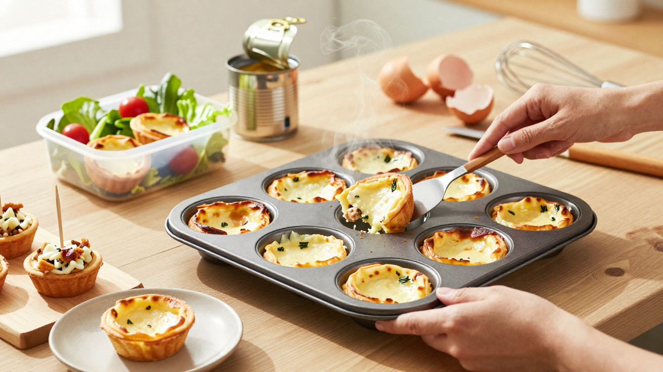 Frisch gebackene Mini-Quiches werden aus einem Muffinblech mit einem Löffel gehoben, Salat und Zutaten im Hintergrund.