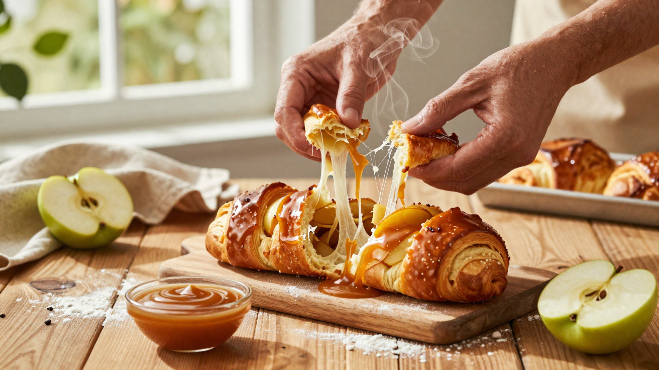 Frisch gebackenes, warmes Blätterteiggebäck mit Karamell, Käse und Apfelscheiben auf einem Holzbrett.