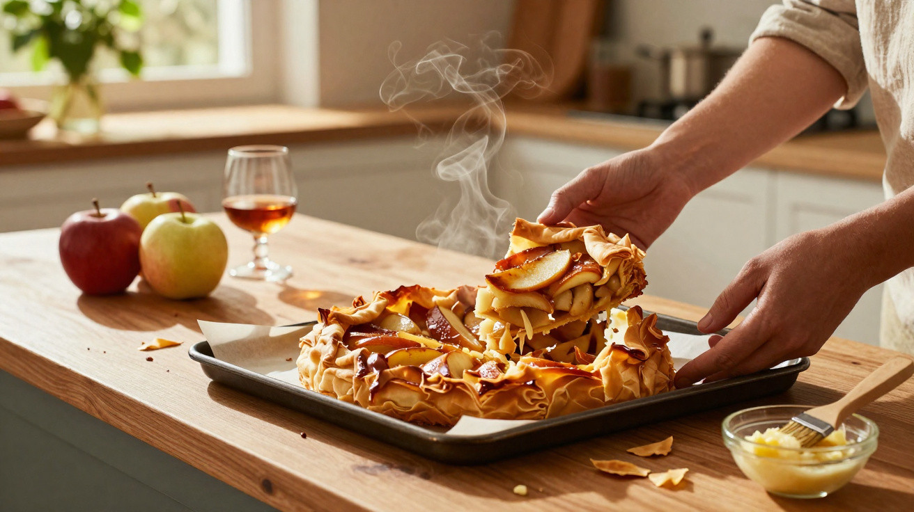 Dampfende Apfeltarte auf Blech, eine Hand hebt ein Stück, Äpfel und Glas mit Getränk im Hintergrund
