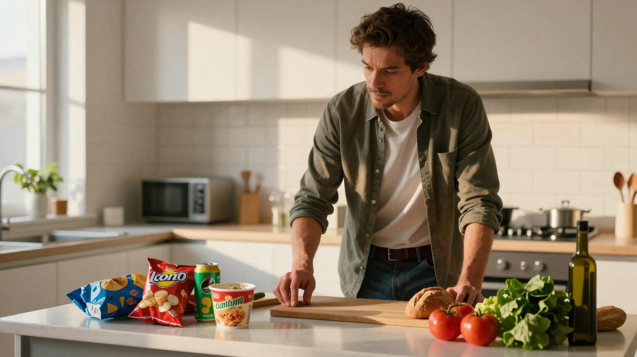 Mann bereitet in moderner Küche Mahlzeit zu, Brot, Tomaten, Salat und Snacks auf der Arbeitsplatte.