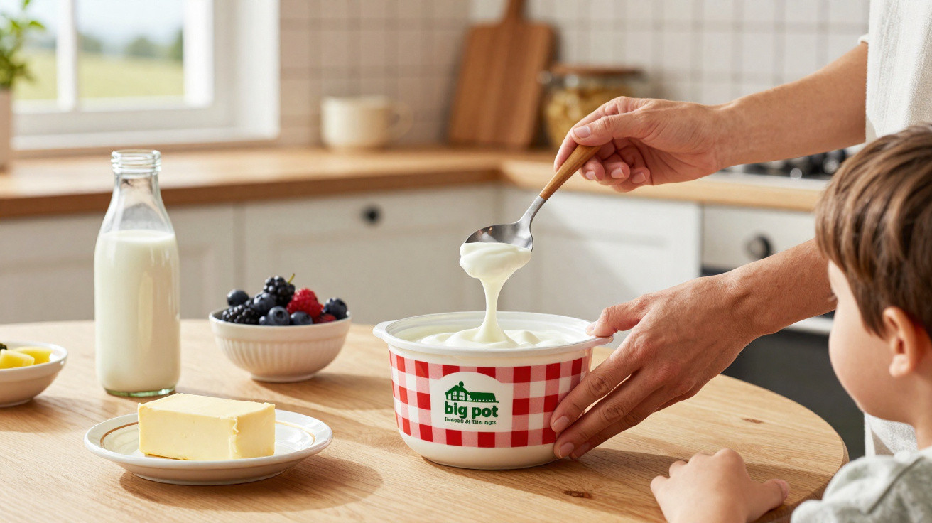 Person löffelt Joghurt aus einem großen Becher, auf dem Tisch Milch, Butter und Beeren in Schalen.