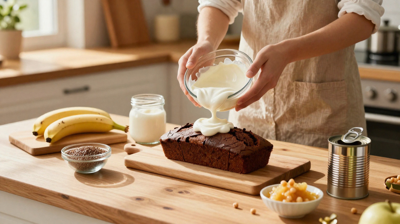 Person gießt weiße Glasur auf Schokoladenkuchen in Küche mit Bananen, Joghurt und Zutaten auf Holztisch.