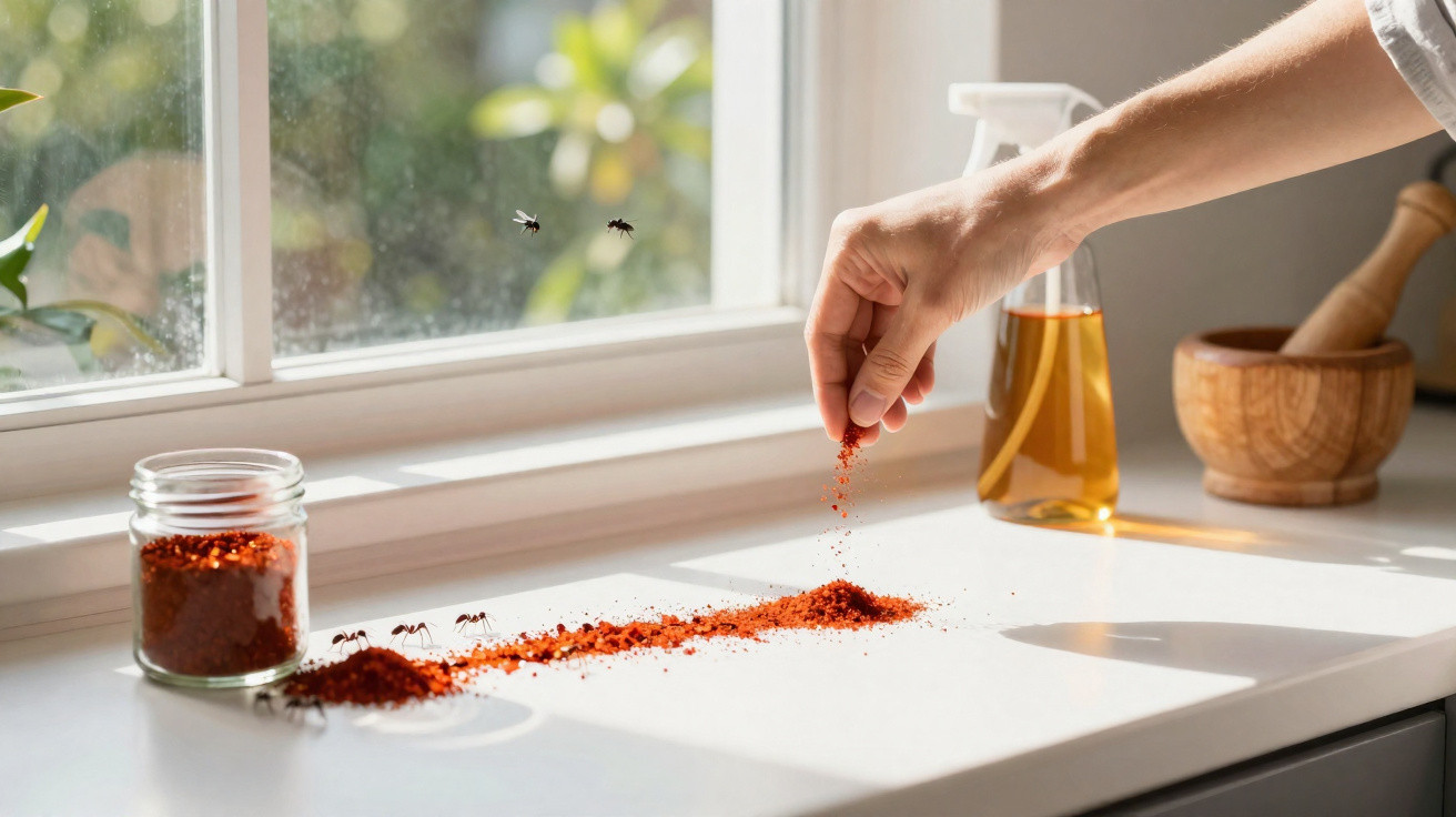 Hand streut Chiliflocken als Ameisenabwehr auf Fensterbank mit Ameisen und Fliegen im Sonnenlicht.