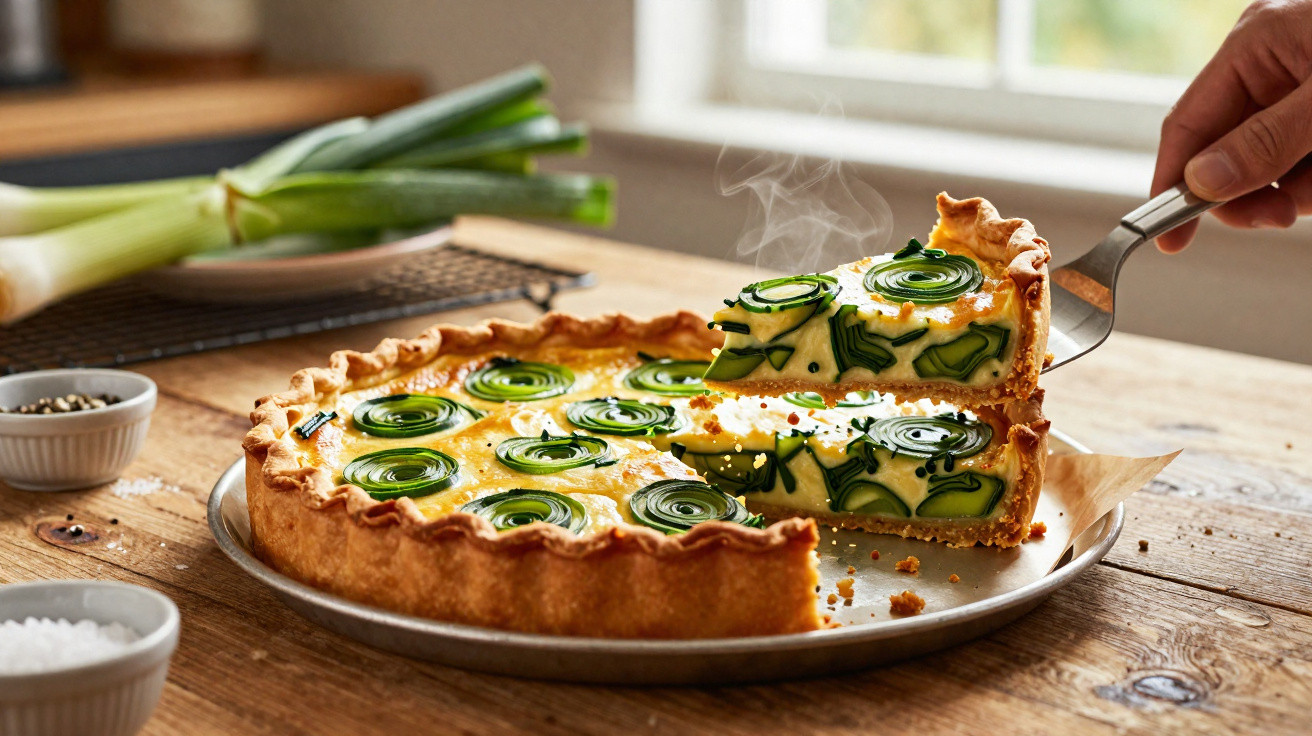 Frühlingszwiebel-Quiche auf einem Holz­tisch, ein Stück wird mit einem Tortenheber serviert.