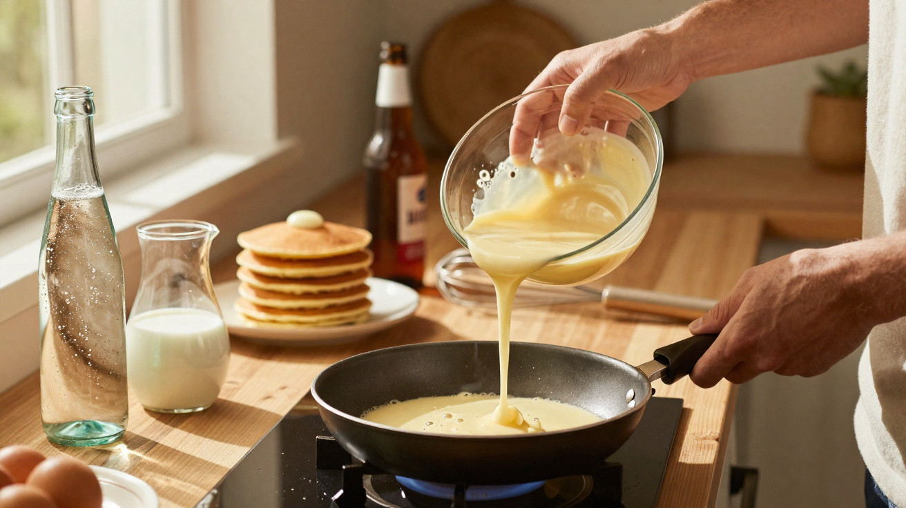 Person gießt Pfannkuchenteig in Pfanne in heller Küche mit Stapel Pfannkuchen und Milch auf dem Tisch.