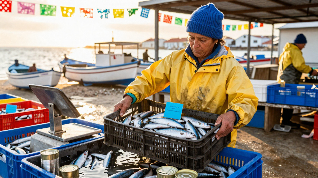 Frau im gelben Mantel sortiert frische Sardinen in einem Fischmarkt am Meer bei Sonnenaufgang.