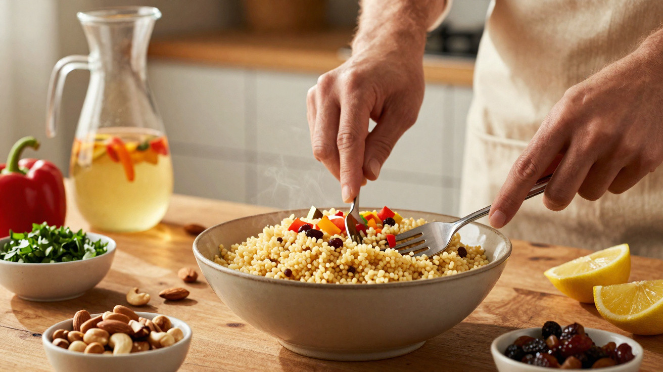 Mann mischt gedämpften Couscous mit Gemüse und Oliven, umgeben von Nüssen, Zitrone und Kräutern.